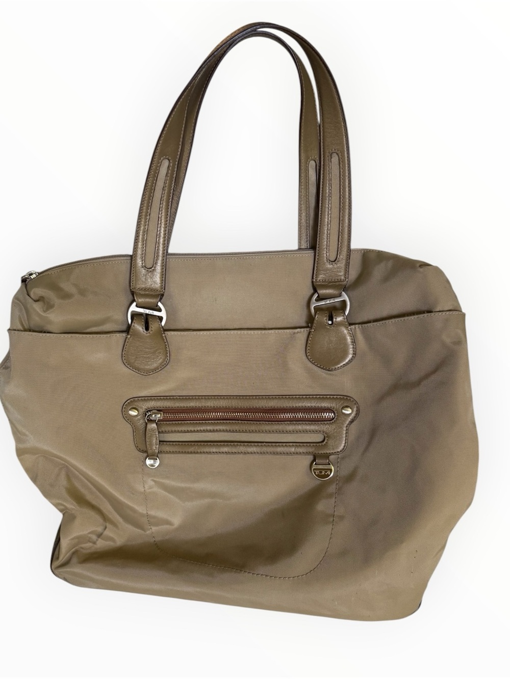 Tumi beige nylon tote features leather trim handle bag large